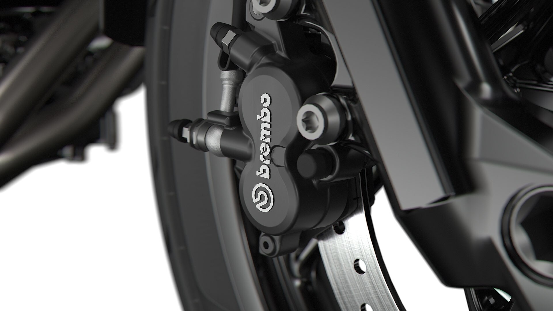 We see the black Brembo brake system.