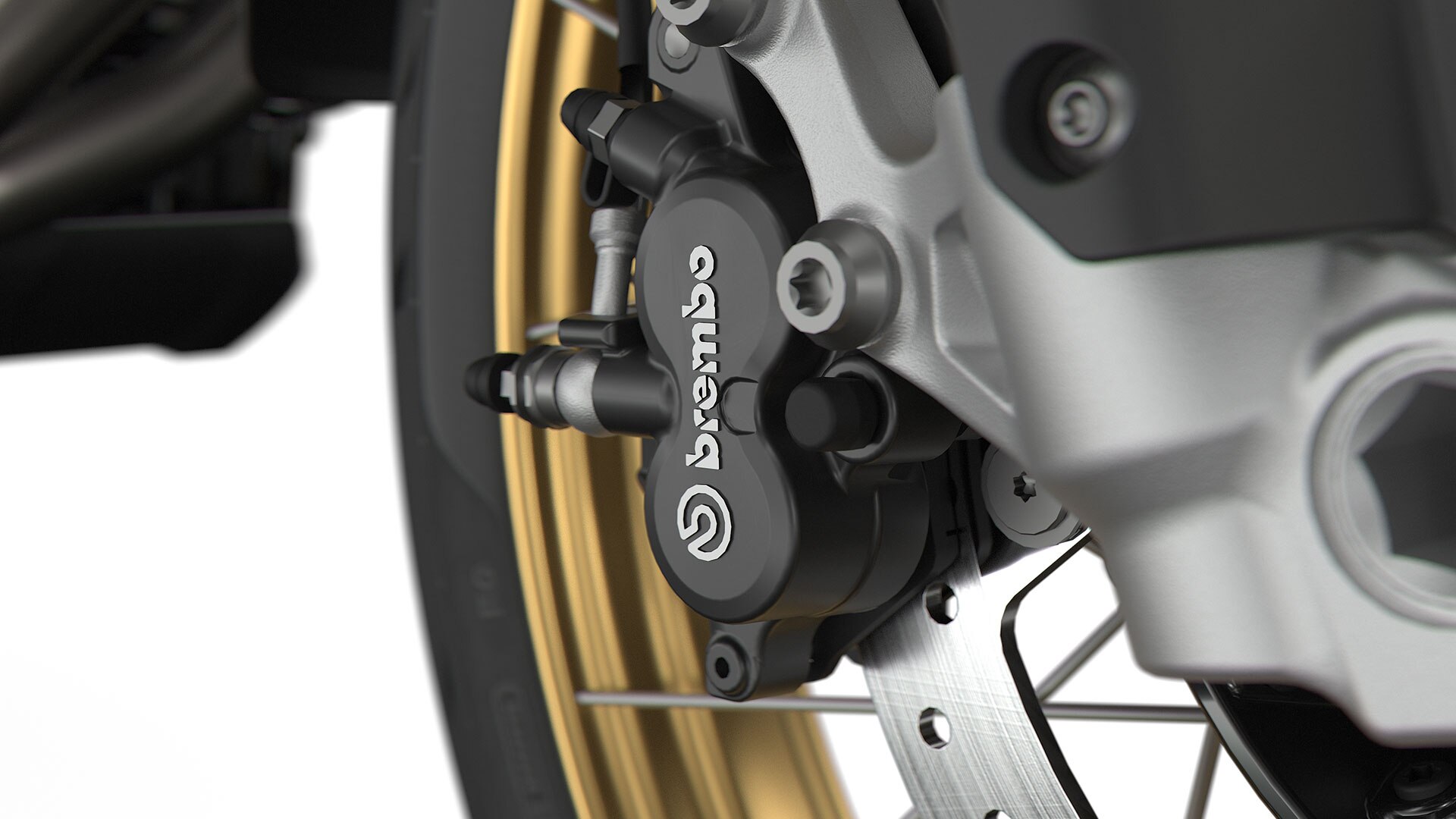 We see the black Brembo brake system.