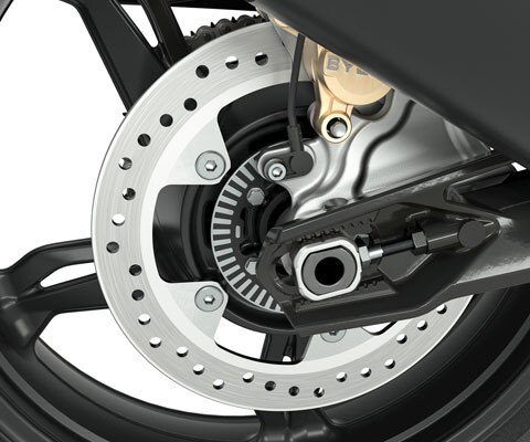 We see a detailed section of the black rims of the G 310 GS.