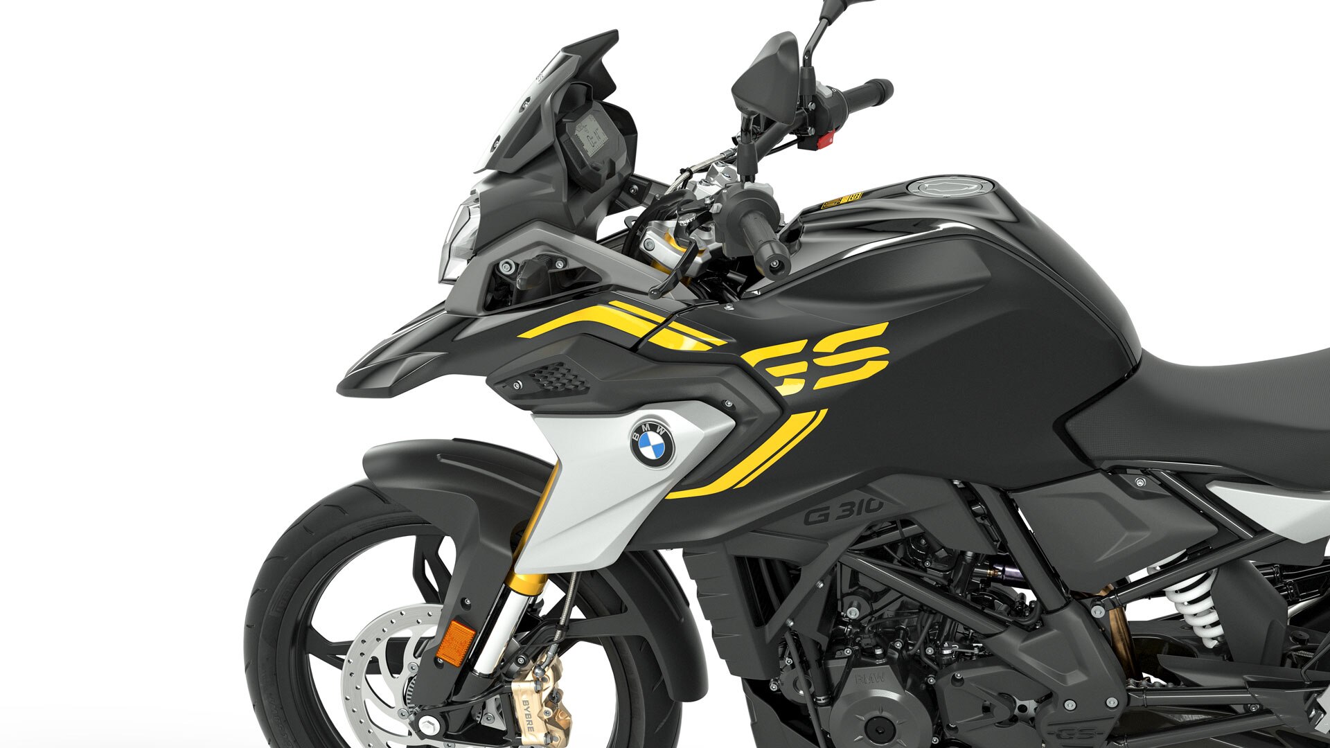 We see the side view of the front with a focus on the black and yellow paintwork.