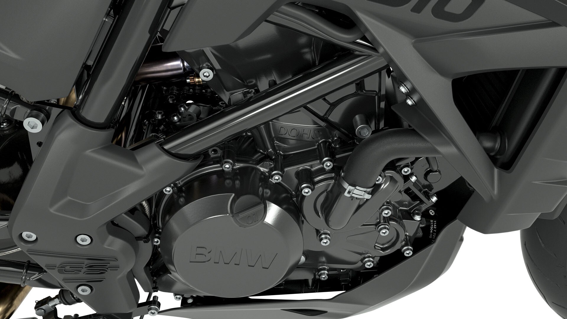 We see the completely black engine block with G 310 lettering.
