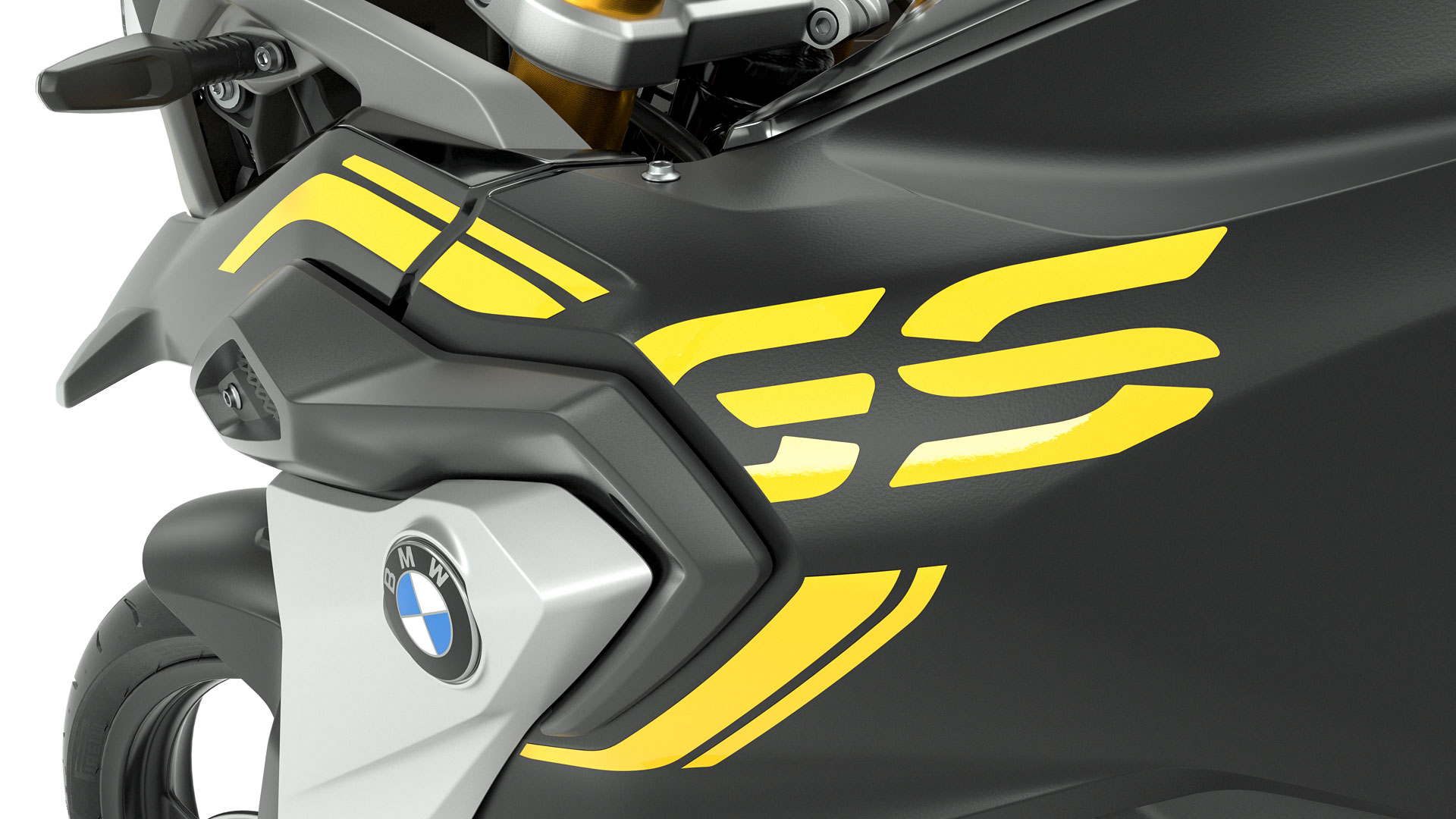 We see the GS lettering and the tape design on the black tank.