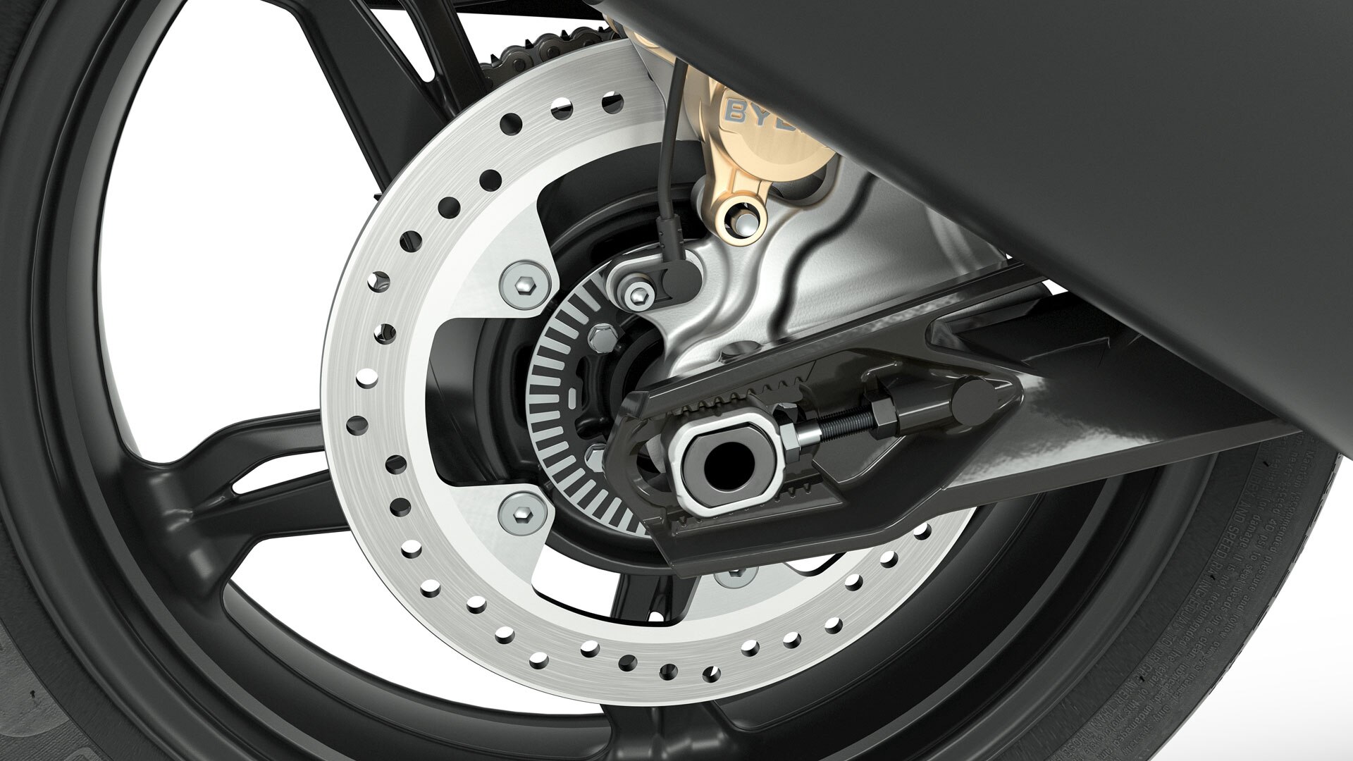 We see a detailed section of the black rims of the G 310 GS.
