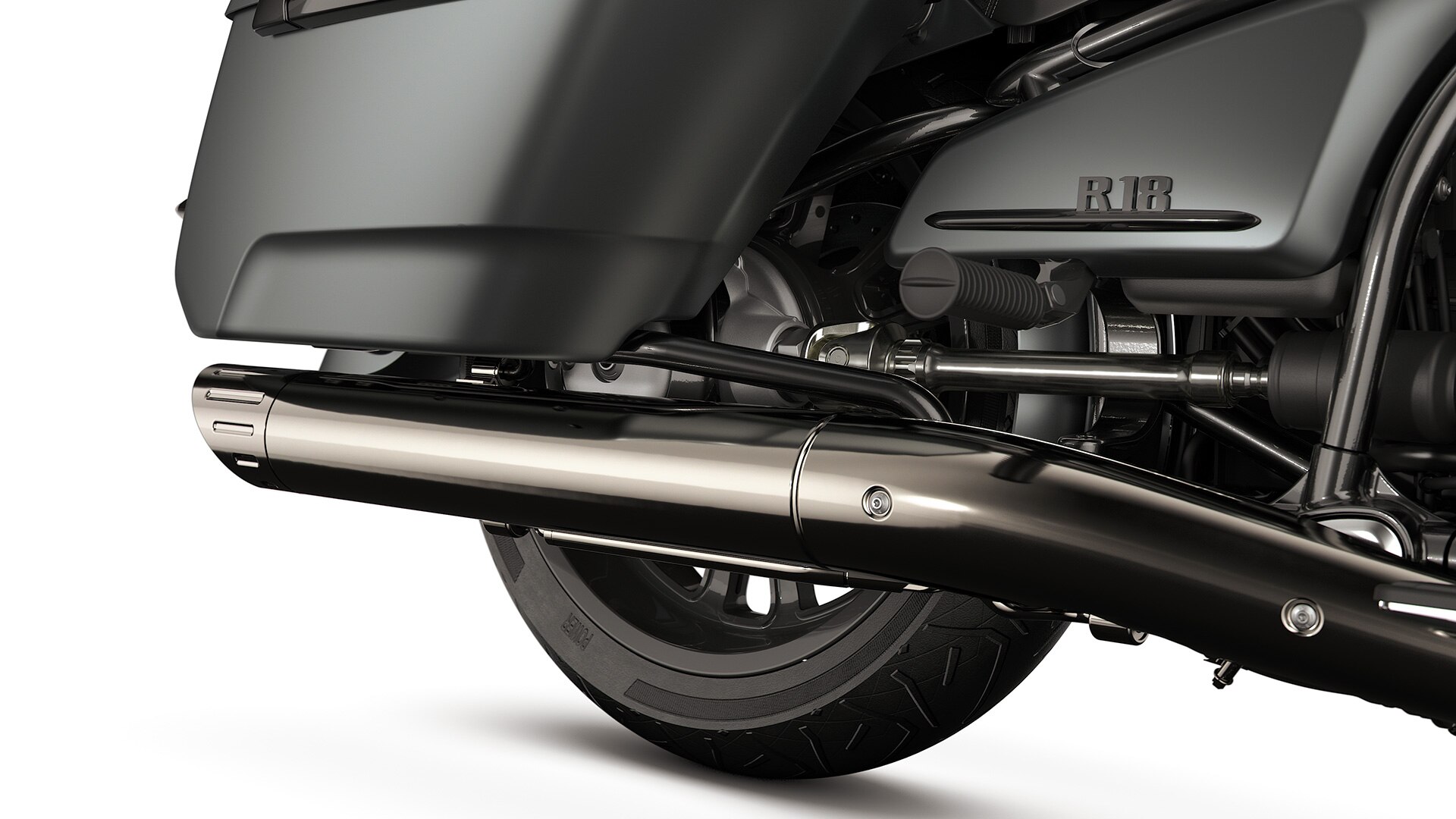 Detailed image of the rear silencer of the R 18 Roctane from BMW Motorrad