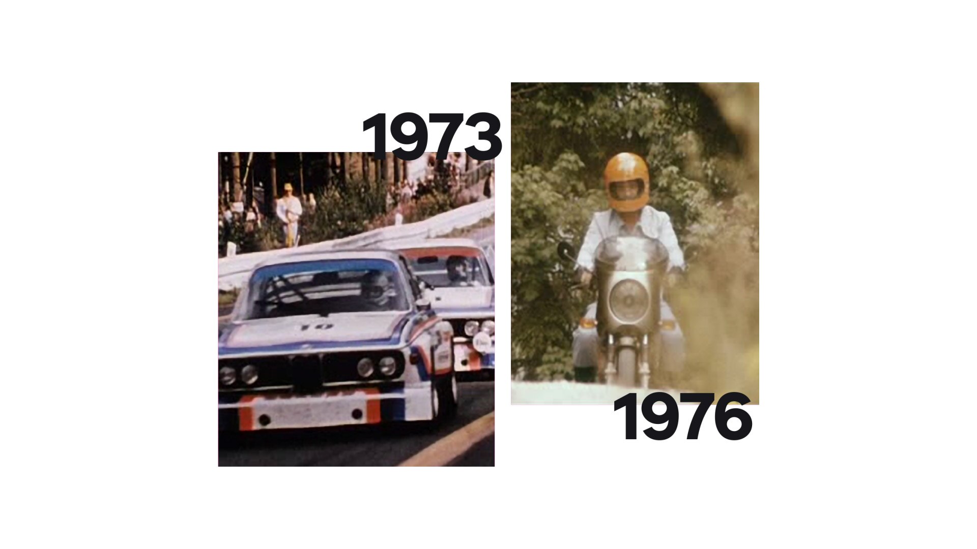 On the left is a historic image of the BMW 3.0 CSL, on the right is the BMW R 90 S by Helmut Dähne.