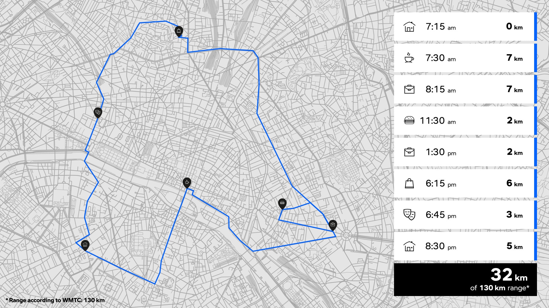 Route illustration on map with information about stops and final distance travelled.